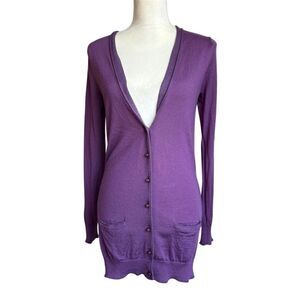 Boden Women's Size 8 Purple V-Neck Long Wool Cardigan Sweater Casual